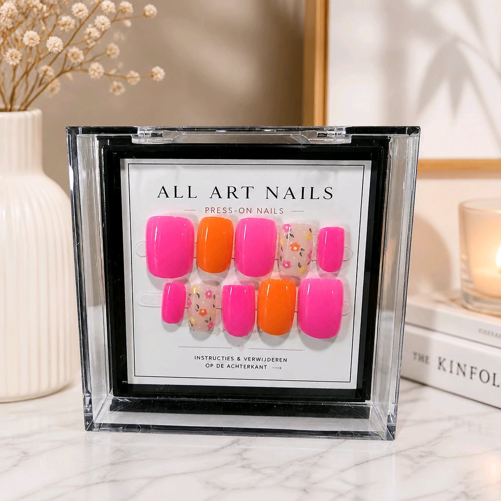 Tropical Pop roze en oranje press-on nagels met bloemen