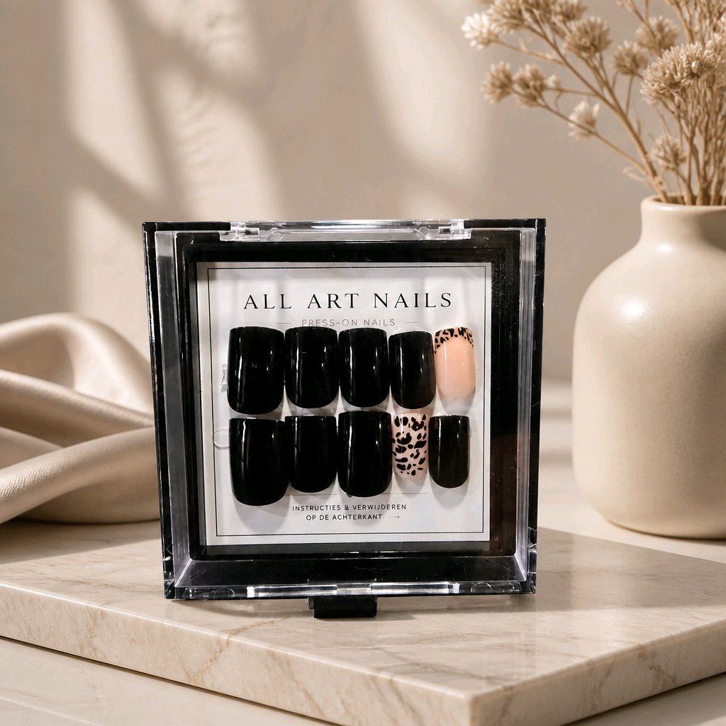 Midnight Leopard zwarte press-on nagels met nude luipaardaccent