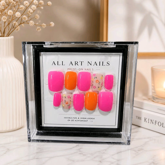 Tropical Pop roze en oranje press-on nagels met bloemen